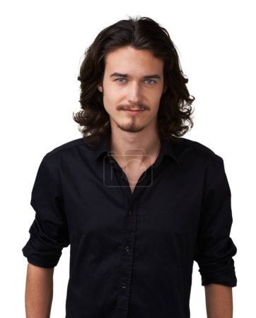Photo for Fashion portrait, shirt and studio man with semi formal outfit, style or confident pride in apparel, relax attire and stare. Clothes, smile and stylish male model with long hair on white background. - Royalty Free Image
