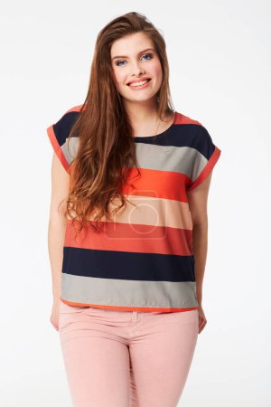 Photo for Happy woman, portrait and beauty in stylish fashion. clothing or makeup cosmetics against a white studio background. Attractive young female person or model smile with stripped t shirt on mockup. - Royalty Free Image