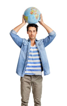 Photo for Serious, globe and portrait of man in a studio for world, planet or geography map for planning. Earth, young and male person from Canada with global sphere on his head isolated by white background - Royalty Free Image