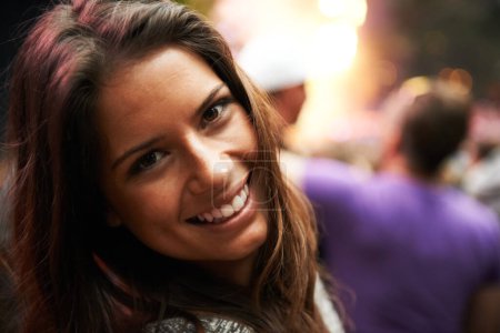 Photo for Happy woman, portrait and face at music festival night for party, event or DJ concert in nature. Closeup of female person smile in crowd or audience at carnival, performance or summer fest outside. - Royalty Free Image