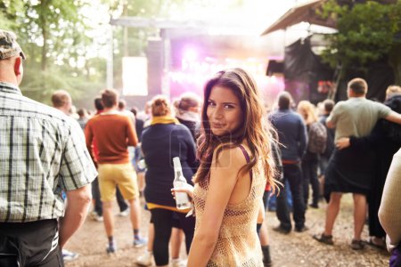 Photo for Woman, portrait and outdoor music festival with crowd for party, event or DJ in nature. Face of happy female person smile and enjoying sound or audio at carnival, concert or performance outside. - Royalty Free Image
