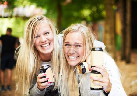 Beer can, festival portrait friends and happy women smile for fun bond, soda cooldrink beverage or outdoor social event. Summer music concert, drunk face or people excited for alcohol drinks product.