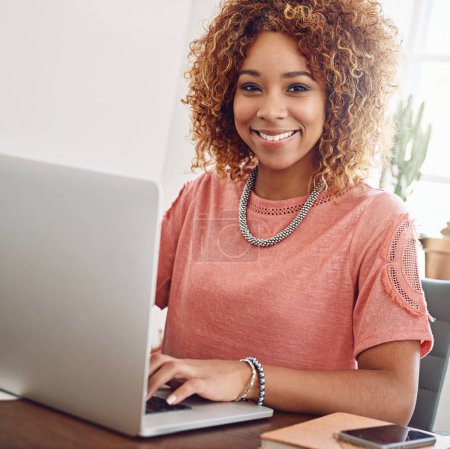 Photo for Smile, portrait or woman with laptop for research, editing or copywriting on blog or website. Happy African person, internet or female worker in office, working on update, networking or reading news. - Royalty Free Image