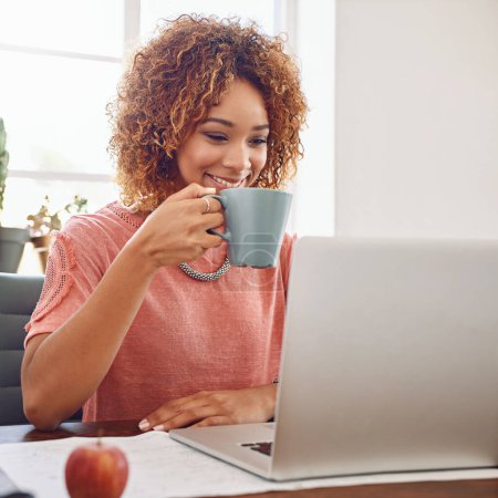 Photo for Tea, happy woman or designer with laptop for research, technology or stats analysis on website. Data analytics, typing or female person in office drinking coffee, working on update or reading news. - Royalty Free Image
