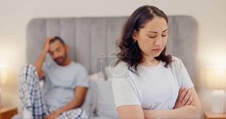 Frustrated couple, bed and fight in conflict, disagreement or argument for divorce or breakup at home. Man and woman ignore in cheating affair, toxic relationship or mistake for drama in bedroom.