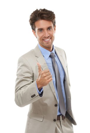 Photo for Portrait, business man and thumbs up in studio for winning deal, success icon or achievement on white background. Happy employee, emoji sign or like for feedback, vote yes or thank you for excellence. - Royalty Free Image
