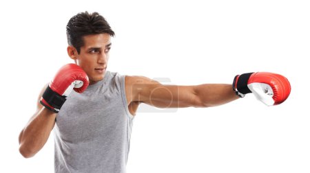 Photo for Boxer, man and punch in studio with sports for fitness, health and martial arts isolated on white background. Strong athlete with muscle, action and boxing gloves for MMA training and exercise. - Royalty Free Image