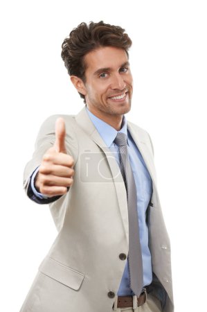 Photo for Thumbs up, portrait and business man in studio for success, winning deal and achievement on white background. Happy employee, emoji sign and like for feedback, vote yes and thank you for excellence. - Royalty Free Image