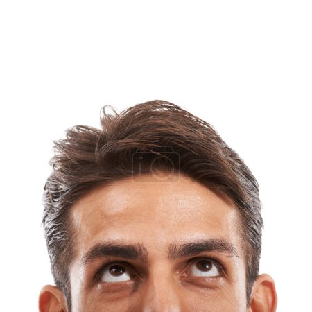Photo for Man, head and thinking on mockup space looking up for idea, decision or choice against a white studio background. Closeup of young male person face or eyes in thought, wonder or contemplating. - Royalty Free Image