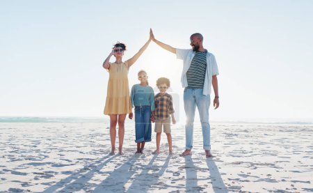 Photo for Insurance, hands and a family on the beach for protection, security or travel together. Sunglasses, safety or mockup with a mom, dad and children on the sand by the ocean or sea for love and trust. - Royalty Free Image