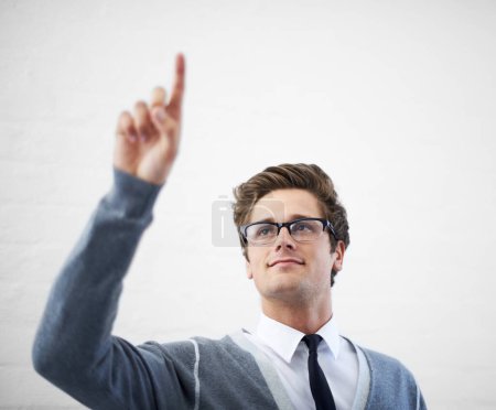 Photo for Technician, man and pointing with hand, worker and professional in corporate clothes, fashion or fingers. Working, young and person with gesture, career or geek with glasses, nerd or businessman. - Royalty Free Image