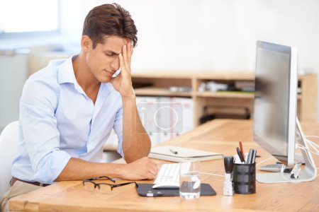 Photo for Businessman, headache and stress on computer in mistake, burnout or fatigue at the office. Frustrated man or employee with migraine in anxiety, mental health or work pressure by PC desk at workplace. - Royalty Free Image