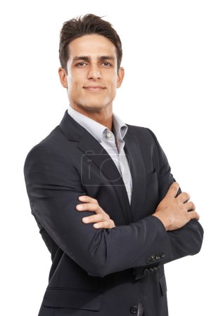 Photo for Business man, arms crossed and professional portrait with confident investment banker isolated on white background. Corporate career, finance consultant in a suit and pride with ambition in a studio. - Royalty Free Image