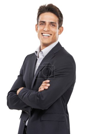 Photo for Businessman, arms crossed and smile for portrait, confident and professional on white studio background. Man, young and ready for career, job and employer for startup, mockup space and corporate. - Royalty Free Image