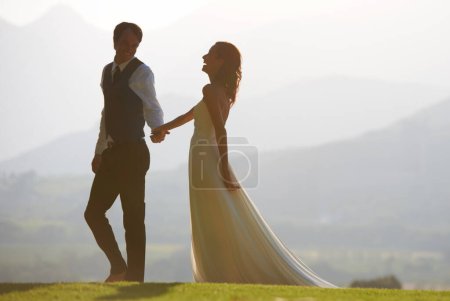 Photo for Walking, park or happy couple in wedding for outdoor celebration, care or ceremony event. Marriage, funny groom or bride laughing in bridal garment for commitment, love or fashion in summer or garden. - Royalty Free Image
