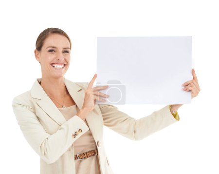 Photo for Business woman, poster mockup and studio presentation for advertising opportunity, news or information. Portrait of professional or face of happy person with paper space or sale on a white background. - Royalty Free Image