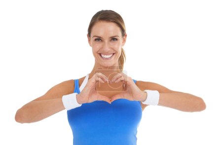 Photo for Happy woman, portrait and heart hands for love or care in fitness isolated on a white studio background. Female person or athlete smile with like emoji, shape or symbol for romantic gesture on mockup. - Royalty Free Image