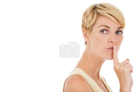 Photo for Woman, secret and finger on lips for gossip or confidential information on a white studio background. Face of female person, model or blonde in silence for quiet, whisper or shush on mockup space. - Royalty Free Image