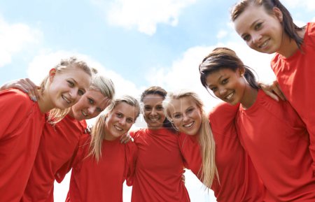 Photo for Team, women and happy with sport portrait for support, celebration or solidarity with blue sky and low angle. Collaboration, athlete and people with smile outdoor for fitness, exercise or competition. - Royalty Free Image