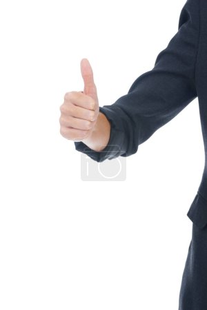 Photo for Businessperson, thumbs up and agreement in studio, sign and approval emoji by white background. Professional, employee and icon or symbol for promotion, thank you and satisfaction or corporate winner. - Royalty Free Image