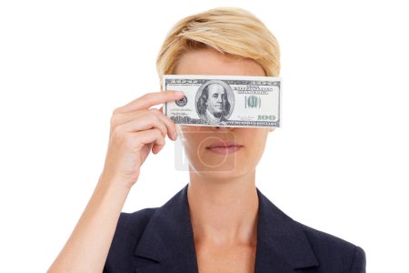 Photo for Business woman with cash on face, dollars and bonus prize opportunity isolated on white background. Money, budget and economic resources, lady with financial win or credit funding payment in studio - Royalty Free Image