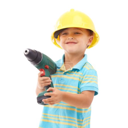 Photo for Child, construction and hat or tools for play development or handyman, safety or drill. Boy, diy costume and studio white background as mockup space for future ambition or kid fun, engineer or build. - Royalty Free Image