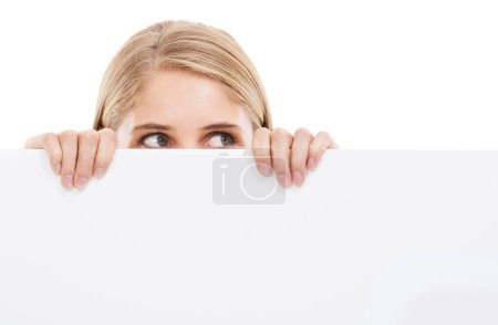 Photo for Thinking, face and woman with blank poster, sign or banner for question in white background and mockup. Studio, space and person with a empty signage for information on choice, decision or cardboard. - Royalty Free Image