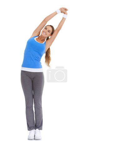 Photo for Woman, fitness and stretching in studio for workout, training or wellness on white background. Portrait of athlete or model with muscle health, arms in air and exercise for pilates or sports warm up. - Royalty Free Image