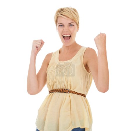 Photo for Happy woman, portrait and fist pump in celebration for winning or good news on a white studio background. Young female person, model or blonde smile for achievement, promotion or deal on mockup space. - Royalty Free Image