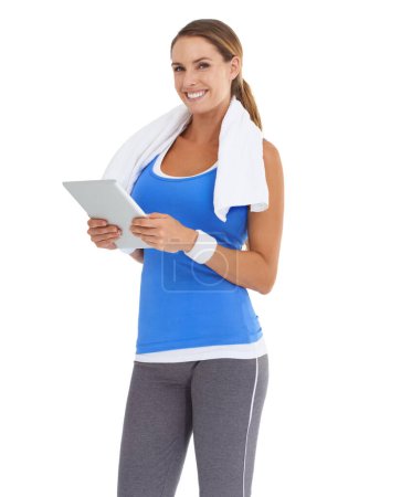 Photo for Woman, fitness and tablet in studio for workout, training or wellness results, data or information on a white background. Portrait of a happy, sports model with digital technology for exercise blog. - Royalty Free Image