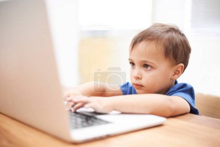 Photo for Boy child, laptop and typing in home, reading or search for movie, cartoon or elearning for development. Kid, computer and click keyboard at desk in family house for education, study or online course. - Royalty Free Image