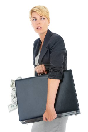 Photo for Suitcase, money or businesswoman in studio walking for illegal payment, deal or secret scam. Scared, white background or financial manager with cash or dollars for bribery, corruption fraud or crime. - Royalty Free Image