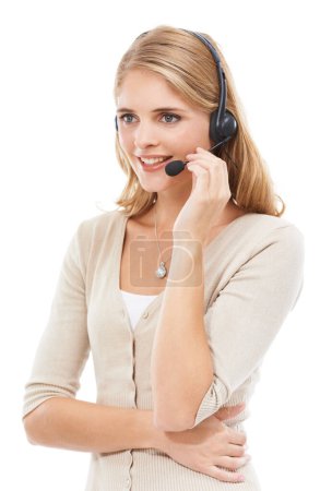 Photo for Woman, call center and communication in studio for customer service, CRM questions or help for IT support on white background. Telemarketing agent, consultant or microphone for FAQ, advice or contact. - Royalty Free Image