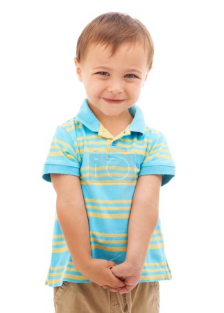 Photo for Happy, child and portrait of boy in studio, white background and fashion in mockup space. Kid, face and smile with wellness, confidence and pride to start kindergarten with trendy style and outfit. - Royalty Free Image