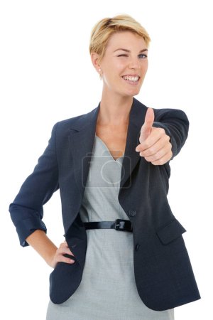 Photo for Portrait of happy business woman with thumbs up, wink and smile for deal agreement success in studio. Professional person with hand gesture for good job, gratitude or achievement on white background - Royalty Free Image