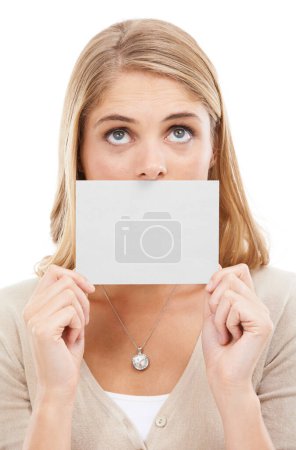 Photo for Thinking, face and woman with empty card, sign or poster for question in white background and mockup. Studio, space and person with a empty signage for information on choice, decision or cardboard. - Royalty Free Image
