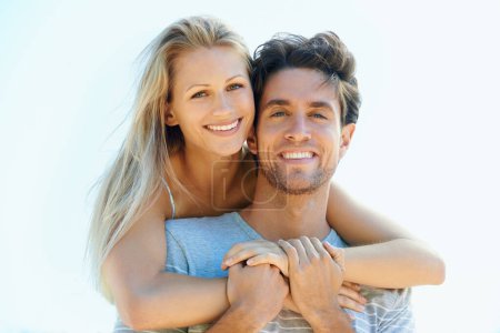 Photo for Relax, portrait or happy couple hug on outdoor date for support or love in summer in nature together. Sky space, romantic man or woman with smile on holiday vacation for bond, travel or wellness. - Royalty Free Image