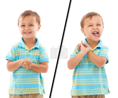 Photo for Child, two personality and mood happy or naughty boy in studio, white background or mockup space. Male person, kid and portrait or learning development for expression behavior, opposite or comparison. - Royalty Free Image