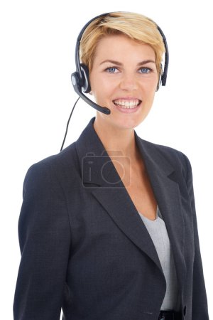 Photo for Woman, portrait and call centre headset in studio, customer service and crm by white background. Female person, consultant and telemarketing agent or representative, hotline and technical support. - Royalty Free Image