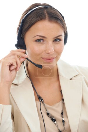 Photo for Business woman, portrait and headphones in call center for telemarketing or customer service on a white studio background. Face of female person or consultant agent smile with headset for online help. - Royalty Free Image