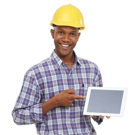 Photo for Tablet, pointing and portrait of construction worker on a white background for internet, website and online. Engineering, maintenance and black man on digital tech for building, inspection or network. - Royalty Free Image