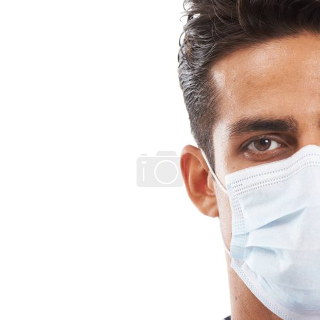 Photo for Man, facemask and portrait in studio, safety and prevention of disease and infection by white background. Male person, half face and protection in pandemic, healthcare and quarantine by mockup. - Royalty Free Image