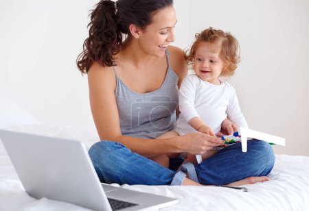 Photo for Learning, baby and happy mother on laptop in bedroom for online education or remote work at home. Freelancer mom, computer and kid in bed playing with abacus, care and toddler together with family. - Royalty Free Image