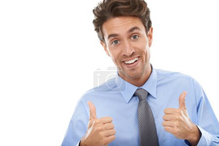 Photo for Thumbs up, portrait and excited business man in studio for winning deal, success and like agreement on white background. Happy worker, emoji sign and feedback of winner, vote and thank for excellence. - Royalty Free Image