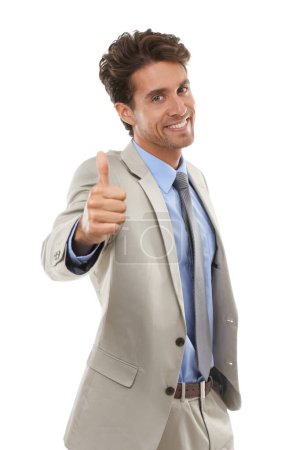 Photo for Portrait, happy business man or thumbs up in studio for winning deal, great success or agreement icon on white background. Worker, emoji sign or like of feedback, vote yes or thank you for excellence. - Royalty Free Image