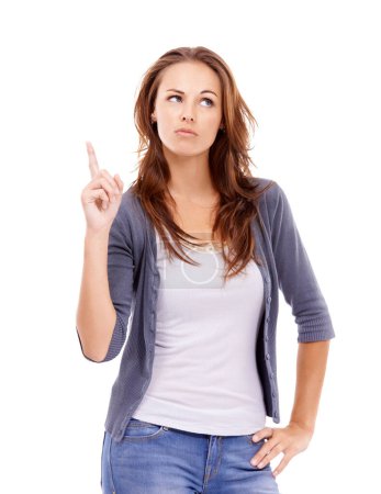 Photo for Pointing, confused and young woman in a studio with mockup for marketing, promotion or advertising. Guess, mock up and female person from Canada with show hand gesture isolated by white background - Royalty Free Image
