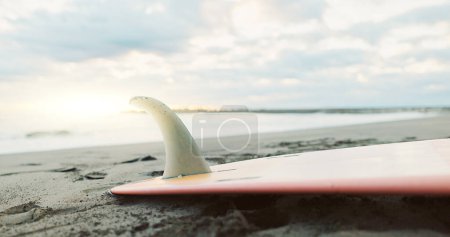 Téléchargez les photos : Plage, sable et planche de surf à l'eau de mer en arrière-plan pendant les vacances d'été, Voyage ou vacances au Japon. Mer, surf et sports dans la nature en plein air pour l'aventure, l'action ou les loisirs sur un paysage. - en image libre de droit