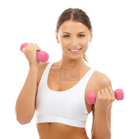 Photo for Woman, dumbbells or portrait in studio for exercise, healthy training or sports workout on white background. Happy model, fitness or weights for performance, action and power of biceps, arm or muscle. - Royalty Free Image
