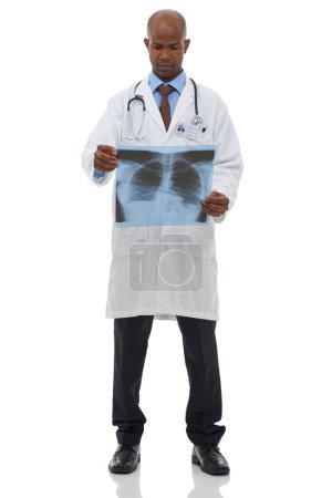 Téléchargez les photos : Chirurgien, homme noir et examen radiographique pour l'évaluation du cancer du poumon, la recherche clinique ou l'enquête médicale. Studio de soins de santé, IRM et analyse médicale africaine de l'anatomie isolée sur fond blanc. - en image libre de droit