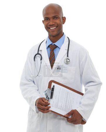 Photo for Black man, portrait and doctor with clipboard in studio, planning notes and healthcare information on white background. Happy medical worker with paperwork for insurance checklist, medicine or script. - Royalty Free Image